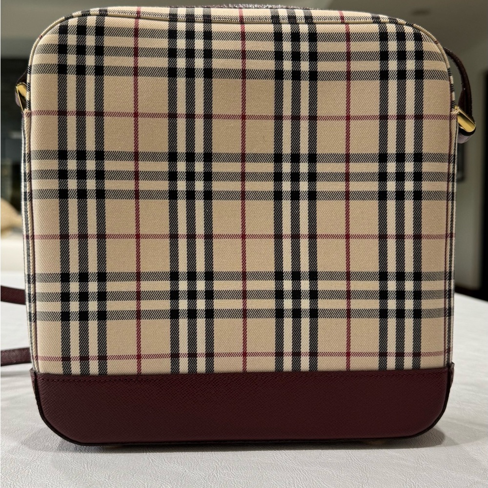 Burberry Burgundy Haymarket  Checkered  Crossbody/Messenger Bag